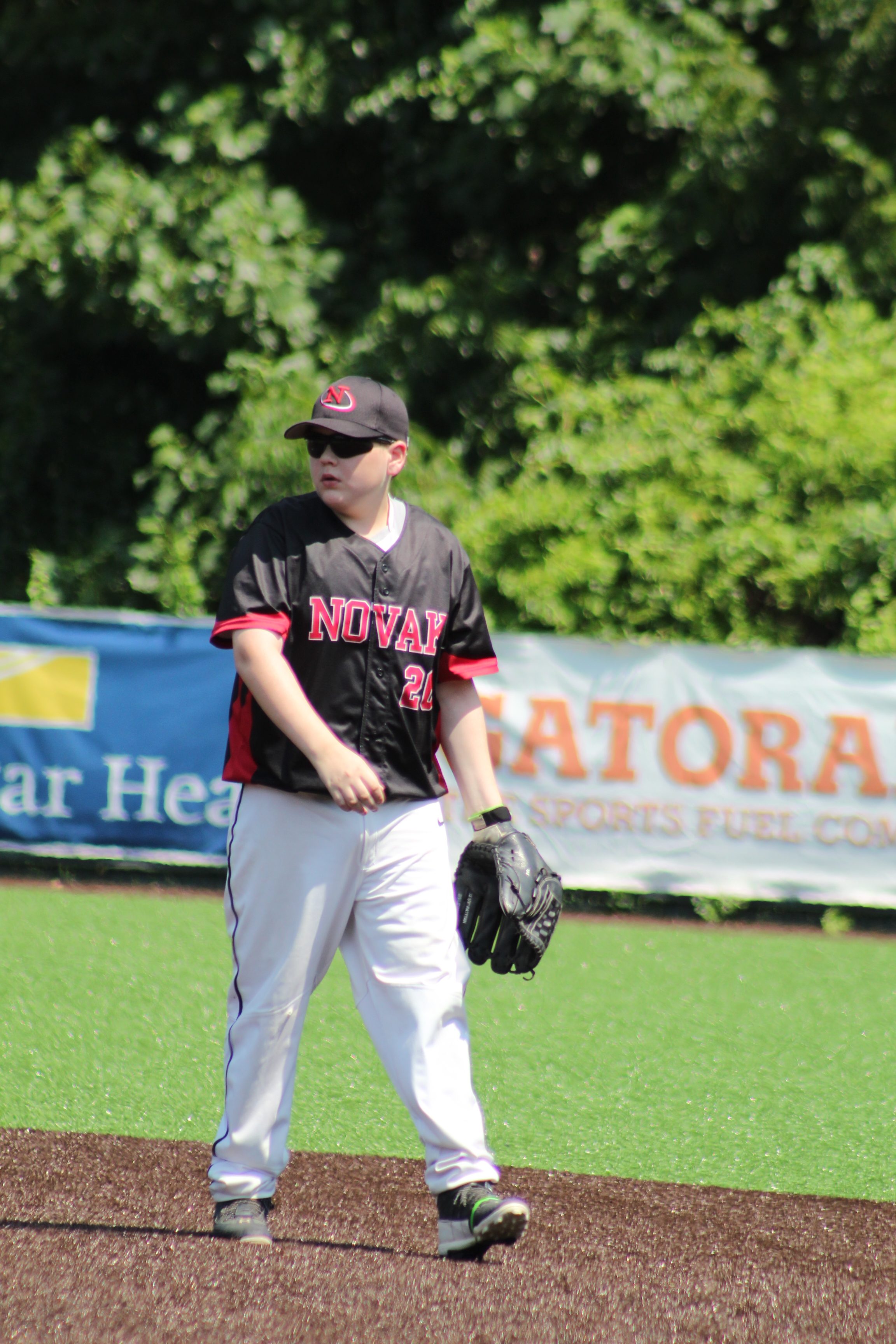 A young baseball player wearing a black jersey with red accents and sunglasses stands on a field, preparing to play. The background features a lush green setting and a banner.