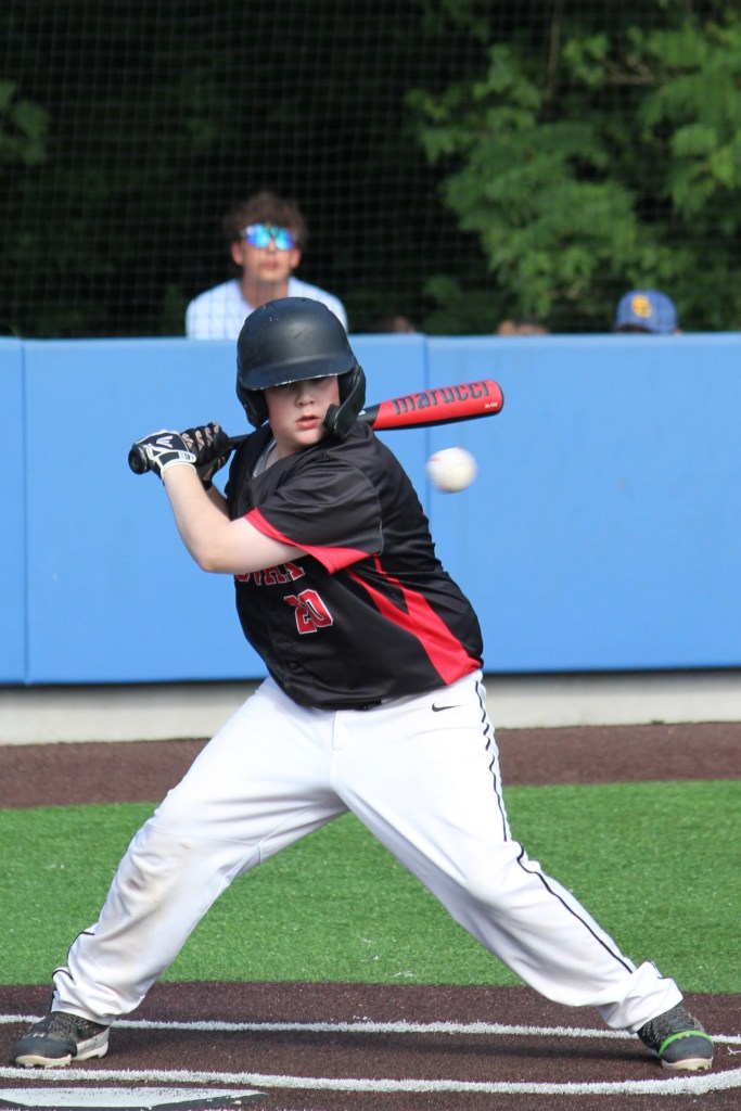 A young baseball player in a black and red uniform prepares to hit a baseball with a bat while a teammate watches from behind. The scene takes place on a baseball field with greenery in the background.