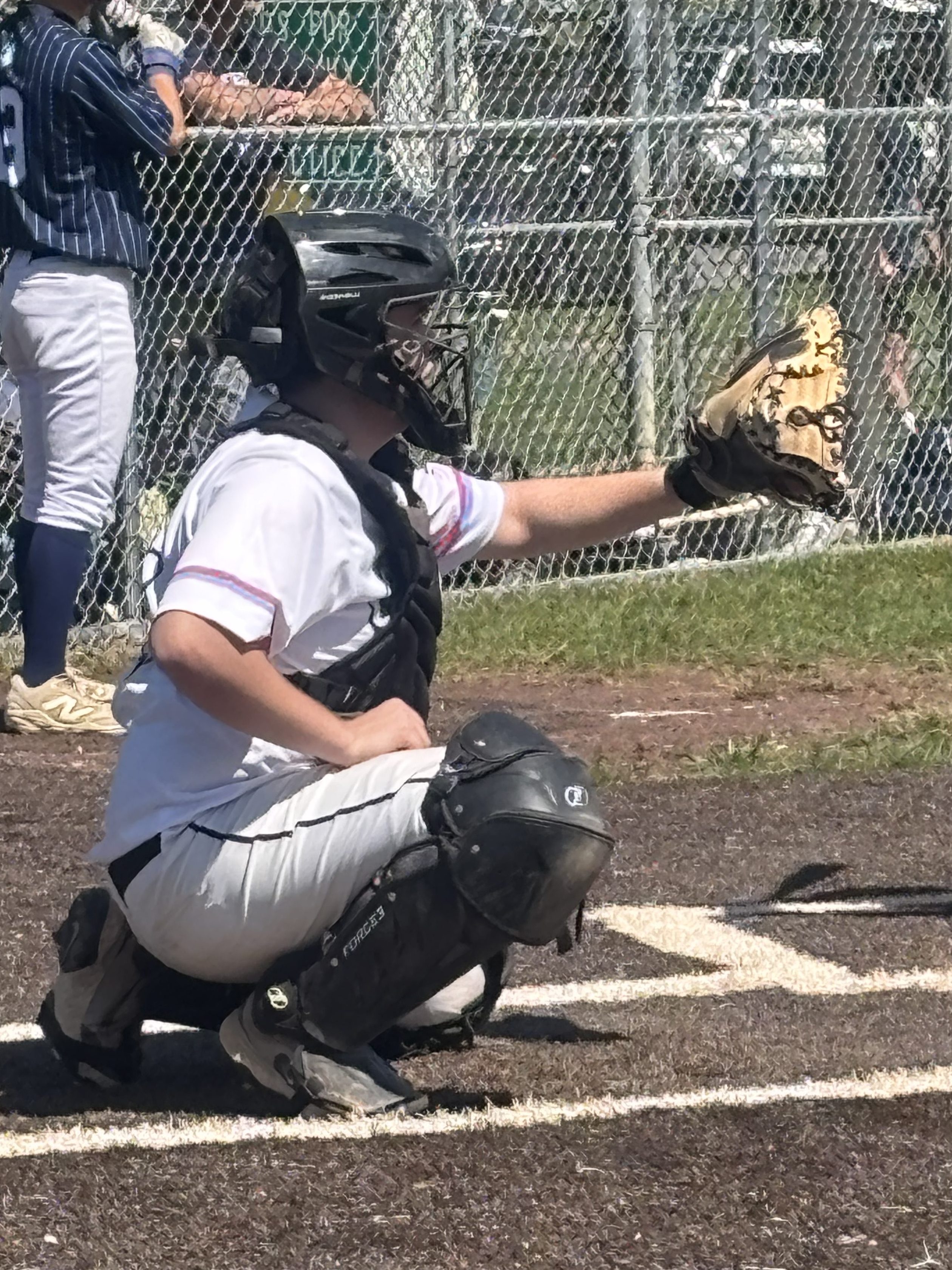 A baseball catcher in full gear, crouching and signaling with his glove, while a player stands at the fence behind him.