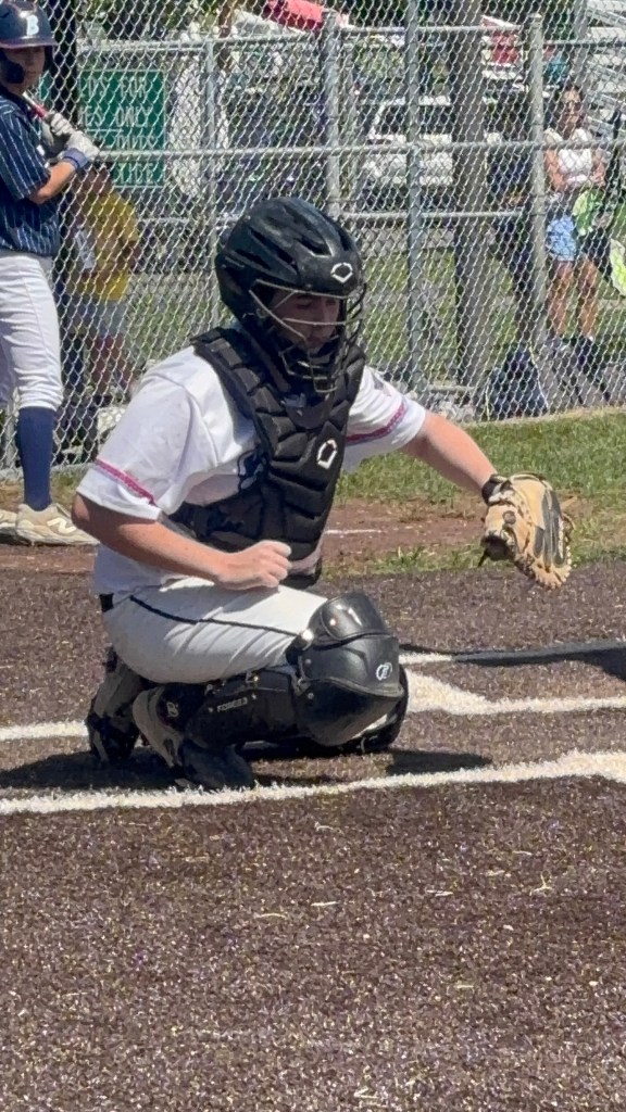 A baseball catcher wearing protective gear, crouching behind home plate, with a baseball mitt in hand.