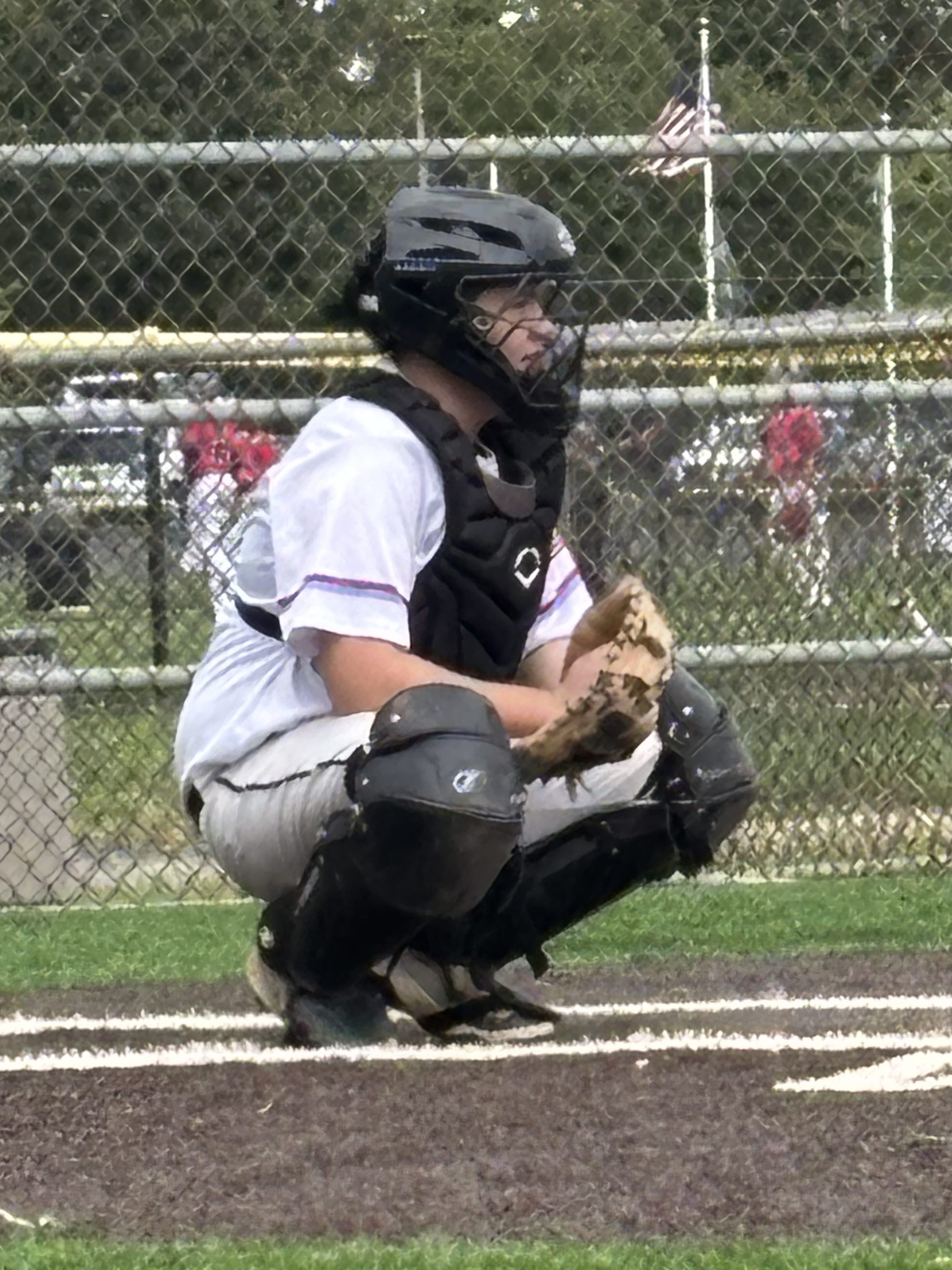 A youth baseball catcher in full gear, squatting behind home plate, with a focused expression.