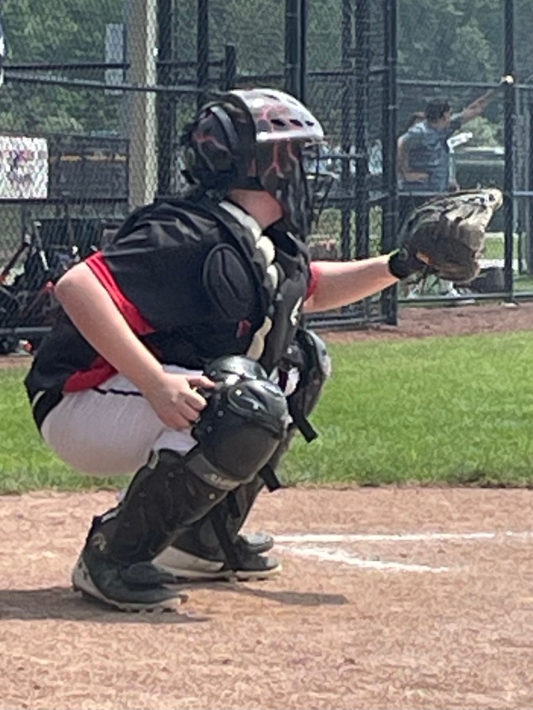 A young baseball catcher crouching in position, wearing a helmet and catcher gear, with a glove ready for play on a sunny day.