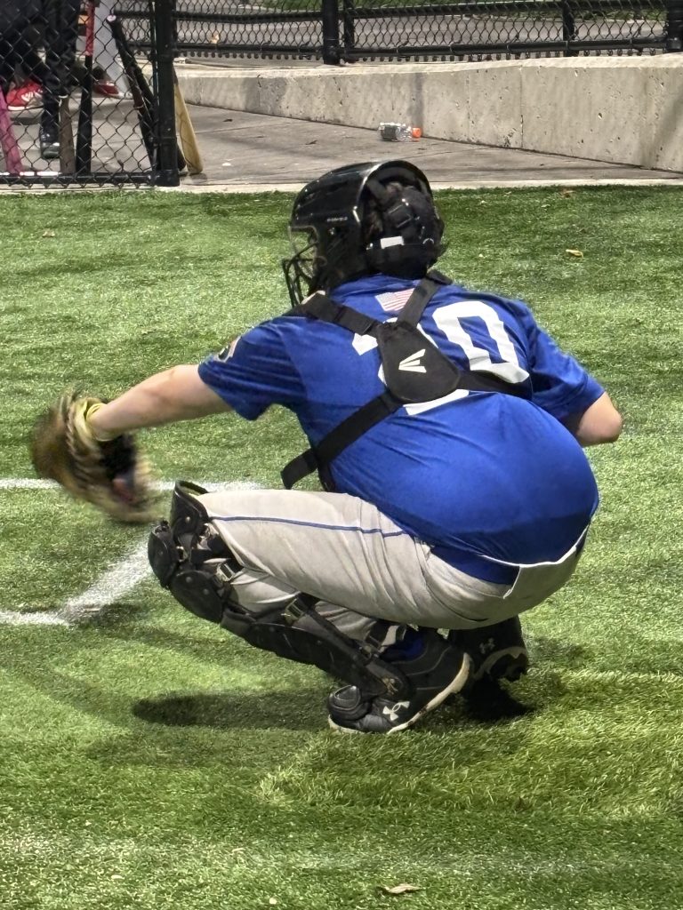 A youth baseball catcher crouching on artificial grass, wearing a blue jersey and baseball gear, preparing to catch a pitch.