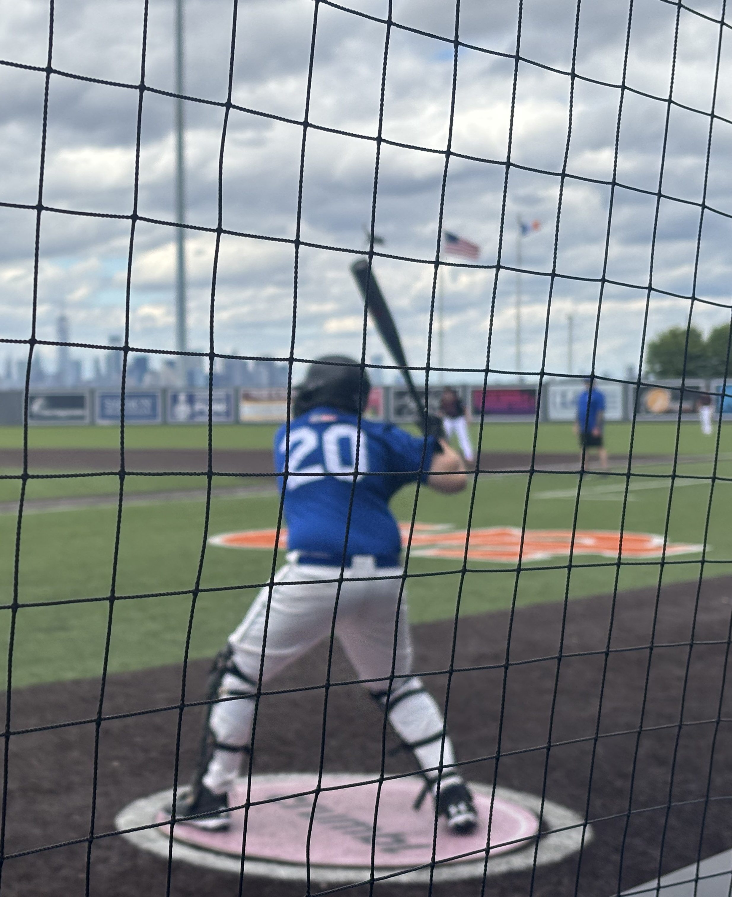 A young baseball player in a blue jersey and white pants stands at home plate, preparing to bat. The image is partially obstructed by a baseball field net, with cloudy skies and flags visible in the background.